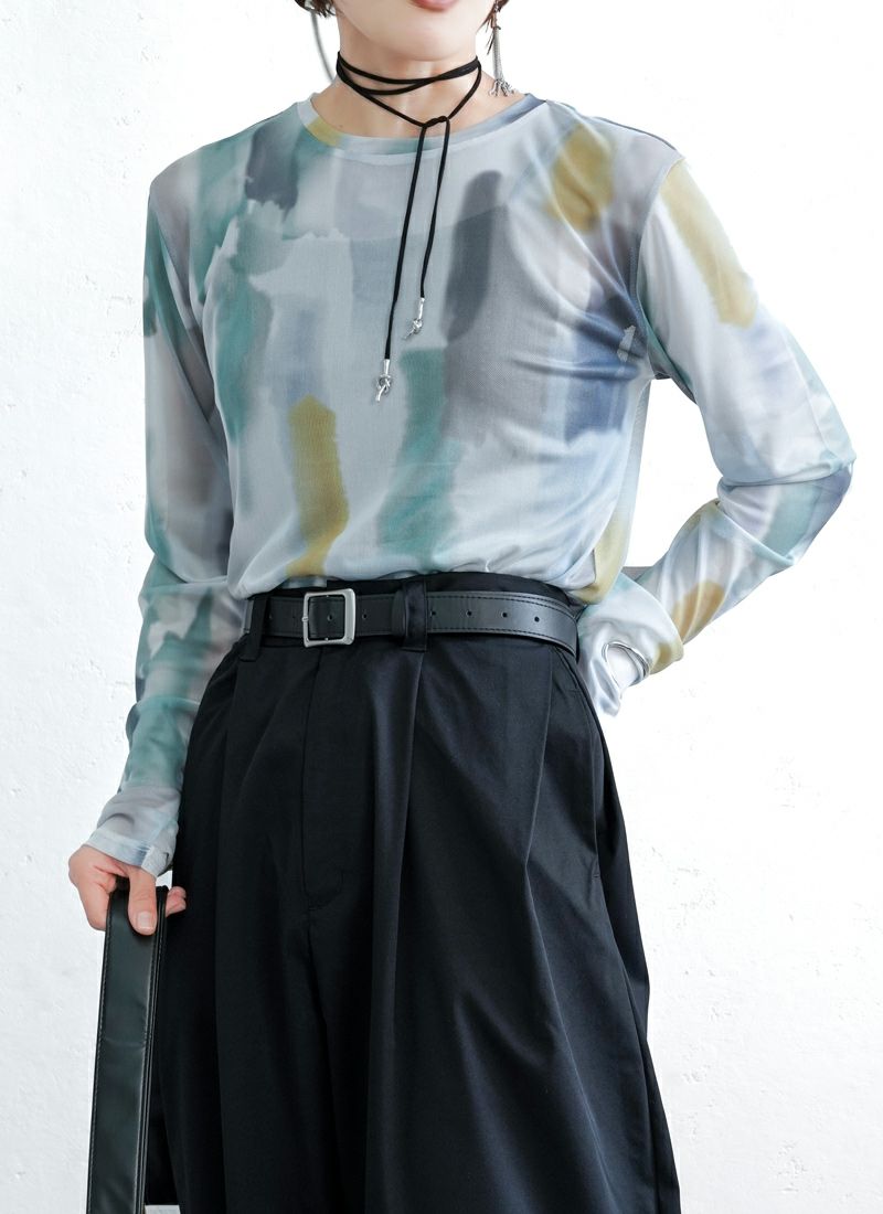 水彩アート柄メッシュプルオーバー